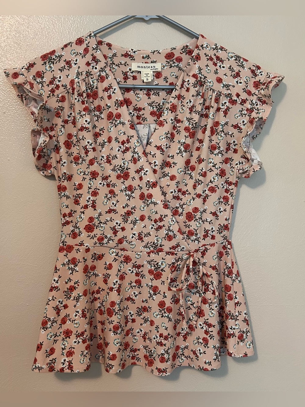 Monteau Polyester/Spandex Blush Floral Peplum Blouse
